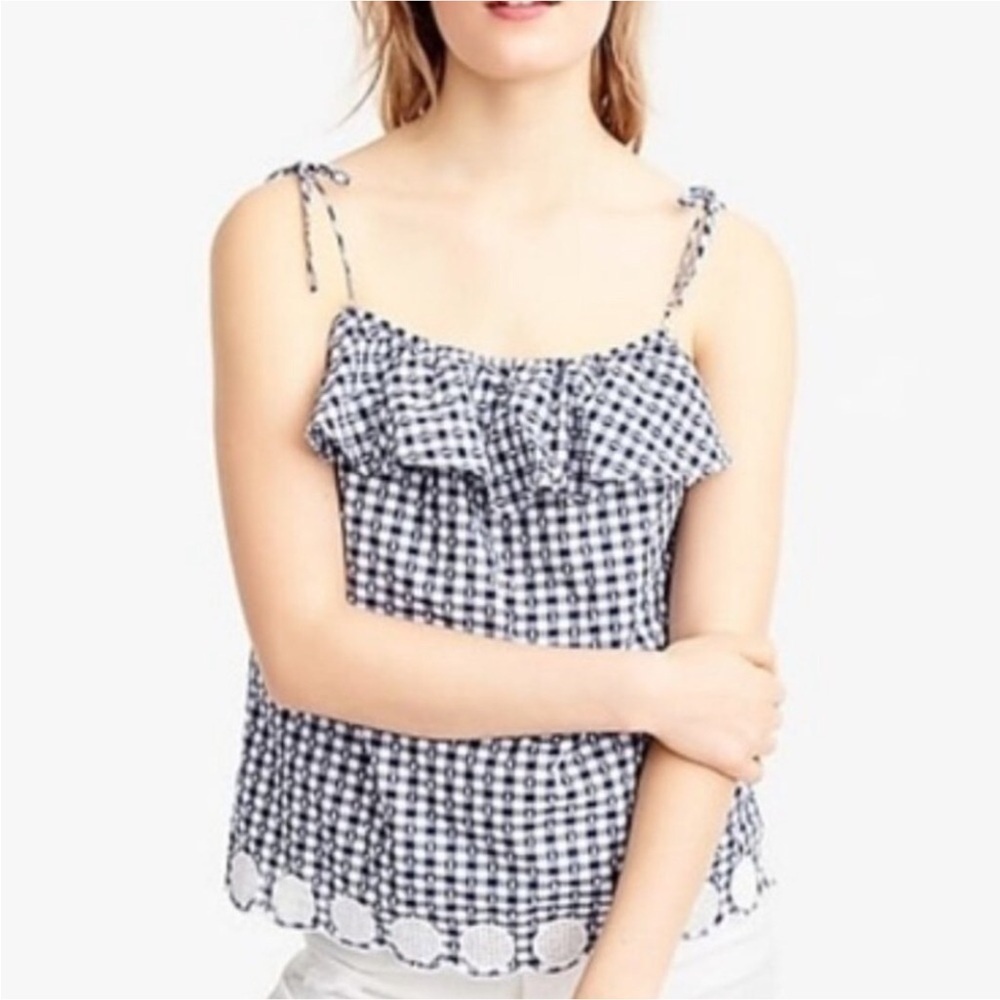 J.Crew Gingham Plaid Ruffle Tie Shoulder Top